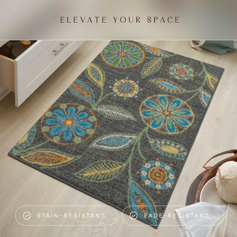 Maples Rugs Reggie Floral Kitchen Rug - Made in USA - Washable, Non Slip Indoor Carpet for Entryway, Foyer, Kitchen, and Bathroom, 2'6 x 3'10, Dark Grey - Image 2